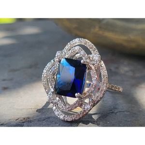 4ct Emerald cut Sapphire and Diamond Sterling Silver Ring sz 7,